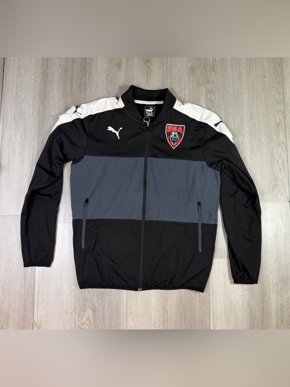 PUMA Mens Full Zip Colorblock Track Jacket BSA Black Gray White Size M